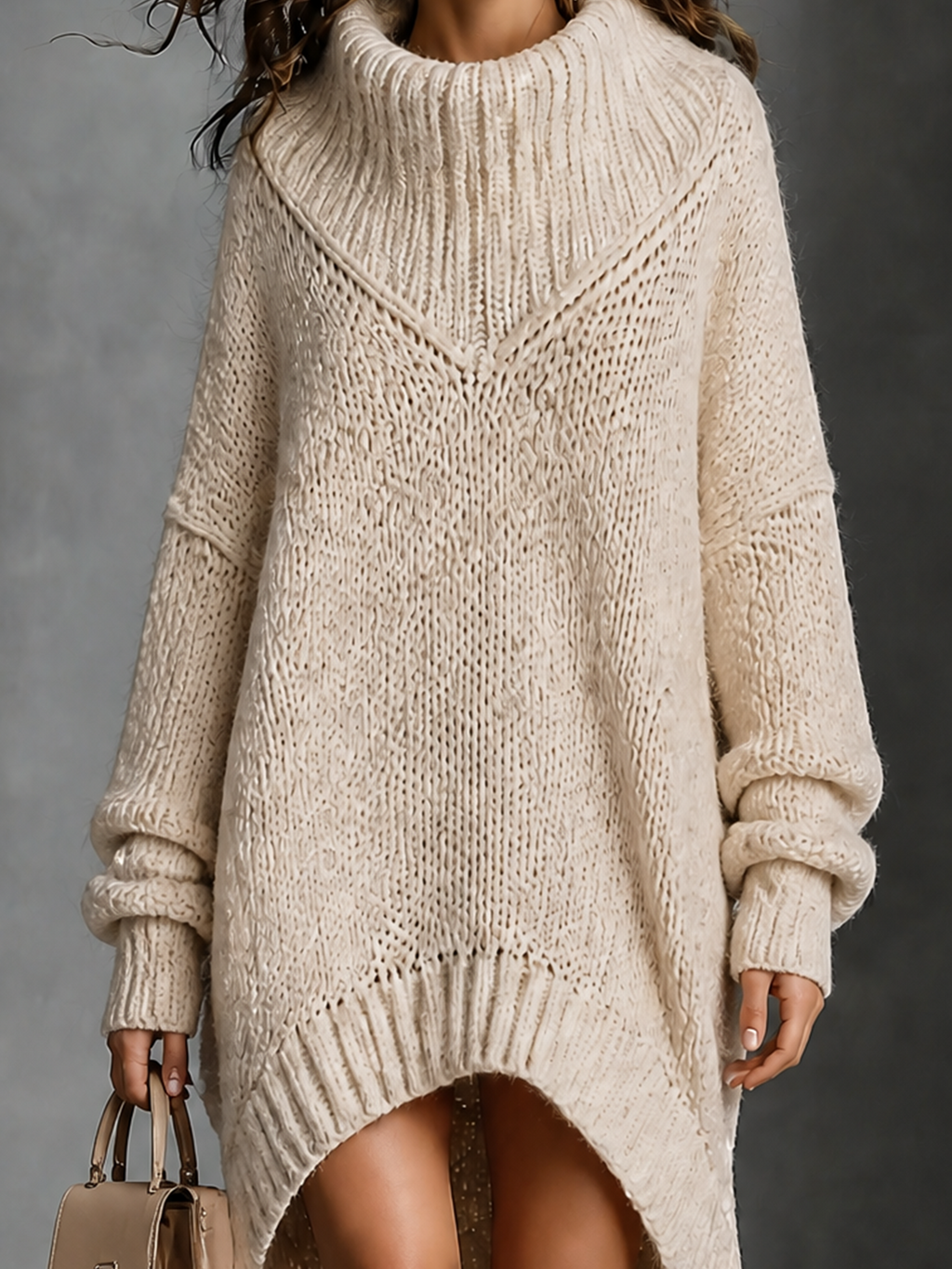 Chic Casual Off‑White Turtleneck Long-Sleeve Asymmetrical Hem Loose-Fit Chunky Knit Midi Dress