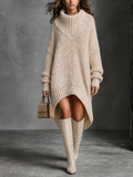 Chic Casual Off‑White Turtleneck Long-Sleeve Asymmetrical Hem Loose-Fit Chunky Knit Midi Dress
