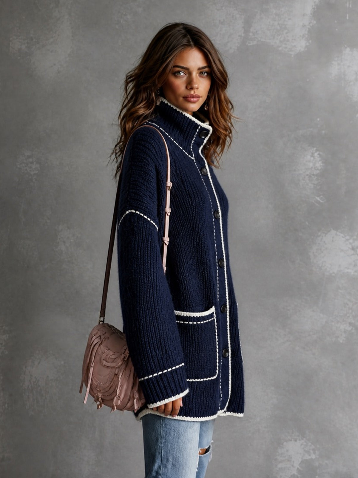 Chic Elegant Navy Blue Stand-Collar Long-Sleeve Single-Breasted Contrast Trim Detail Patch Pockets Loose-Fit Wool Blend Knit Cardigan