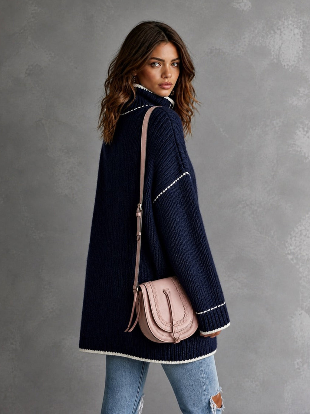 Chic Elegant Navy Blue Stand-Collar Long-Sleeve Single-Breasted Contrast Trim Detail Patch Pockets Loose-Fit Wool Blend Knit Cardigan