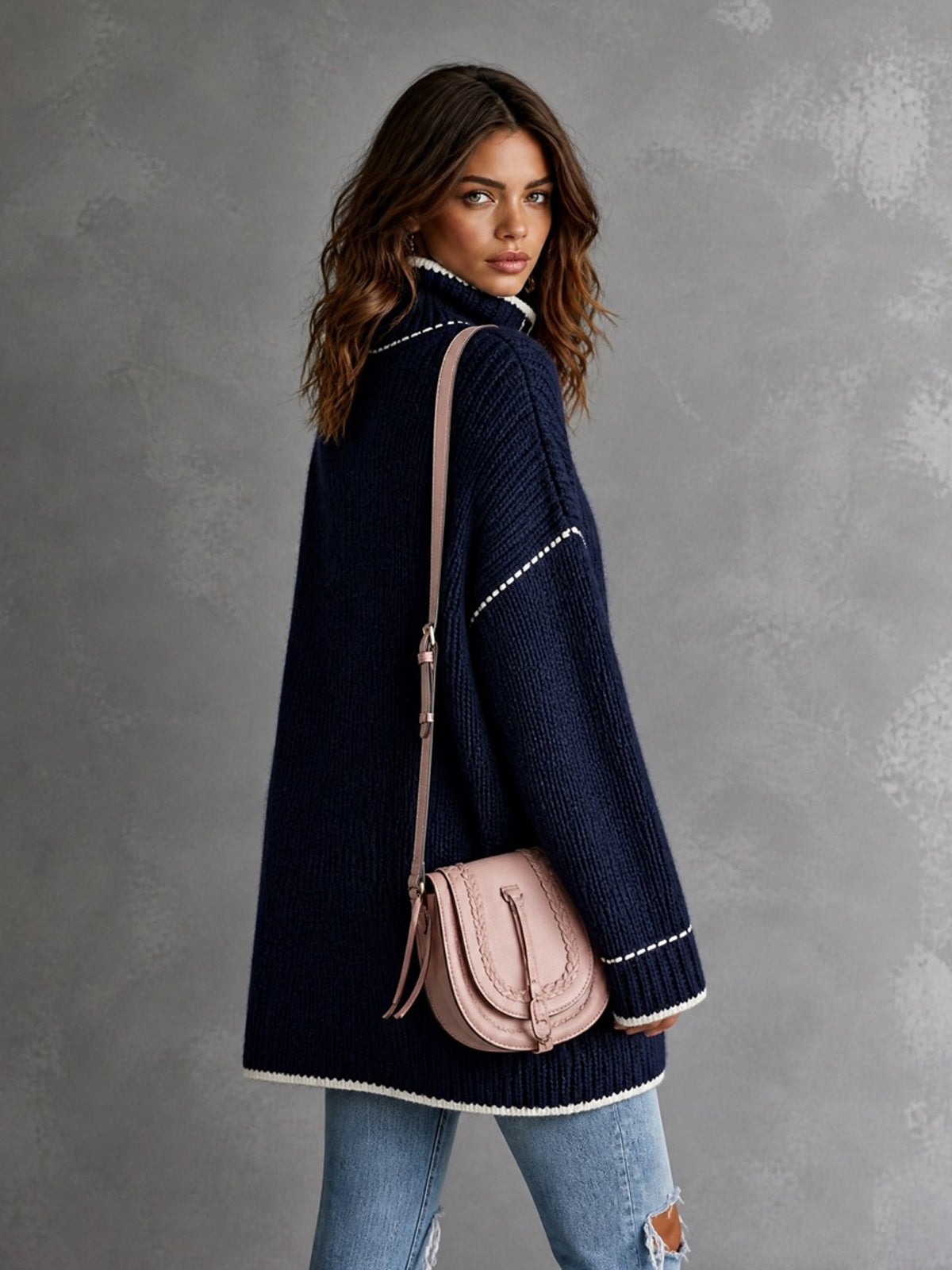 Chic Elegant Navy Blue Stand-Collar Long-Sleeve Single-Breasted Contrast Trim Detail Patch Pockets Loose-Fit Wool Blend Knit Cardigan