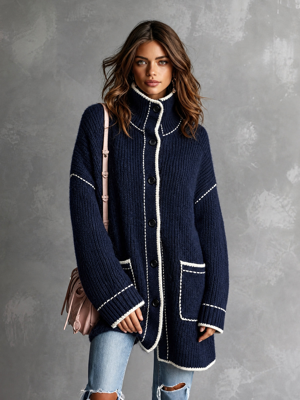 Chic Elegant Navy Blue Stand-Collar Long-Sleeve Single-Breasted Contrast Trim Detail Patch Pockets Loose-Fit Wool Blend Knit Cardigan