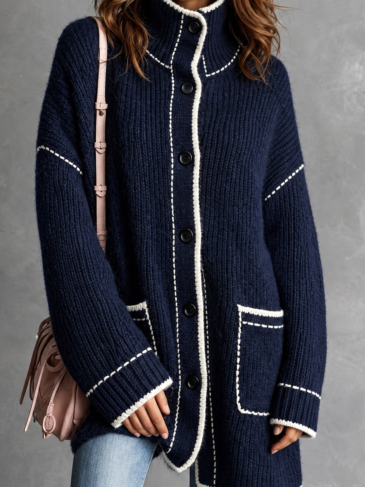 Chic Elegant Navy Blue Stand-Collar Long-Sleeve Single-Breasted Contrast Trim Detail Patch Pockets Loose-Fit Wool Blend Knit Cardigan