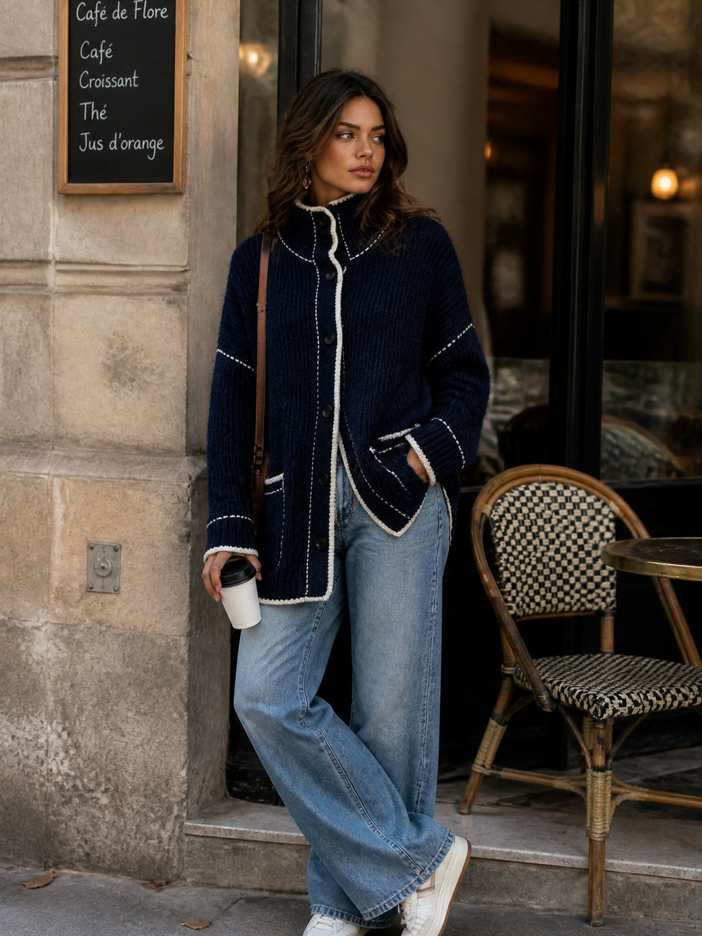 Chic Elegant Navy Blue Stand-Collar Long-Sleeve Single-Breasted Contrast Trim Detail Patch Pockets Loose-Fit Wool Blend Knit Cardigan