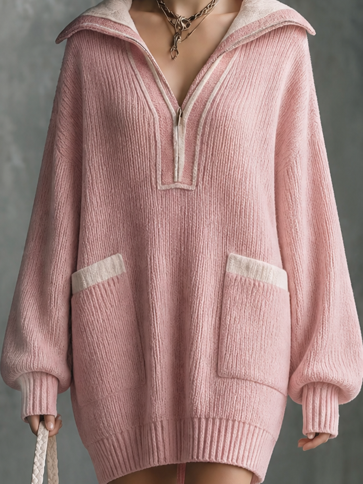 Chic Casual Pink Lapel Collar Half‑Zip Contrast Trim Long-Sleeve Patch Pockets Loose-Fit Ribbed Knit Mini Dress