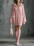 Chic Casual Pink Lapel Collar Half‑Zip Contrast Trim Long-Sleeve Patch Pockets Loose-Fit Ribbed Knit Mini Dress
