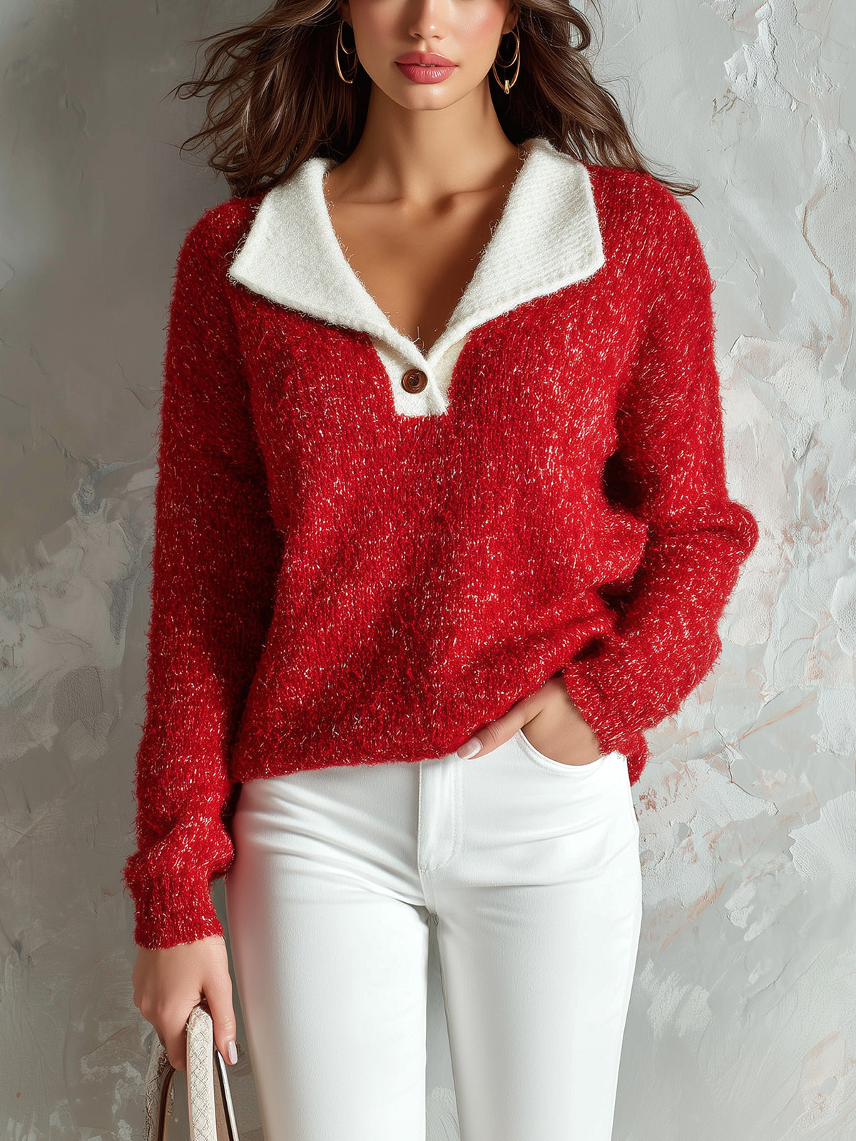 Chic Elegant Red-White Colorblock Lapel V-Neck Decorative Button Long-Sleeve Loose-Fit Wool Blend Knit Sweater
