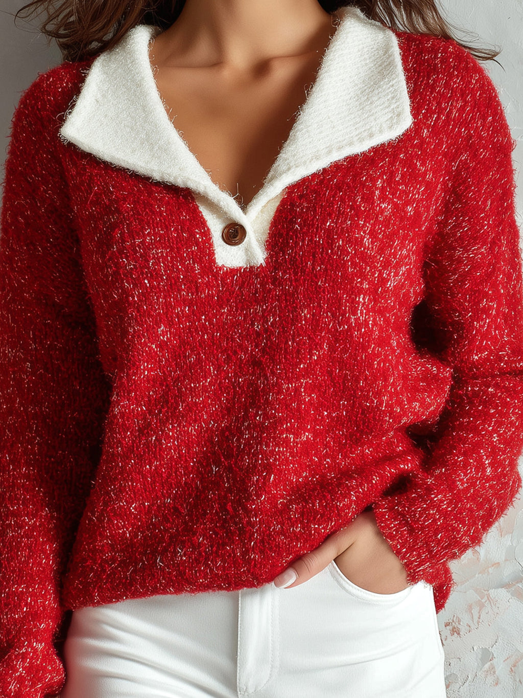 Chic Elegant Red-White Colorblock Lapel V-Neck Decorative Button Long-Sleeve Loose-Fit Wool Blend Knit Sweater