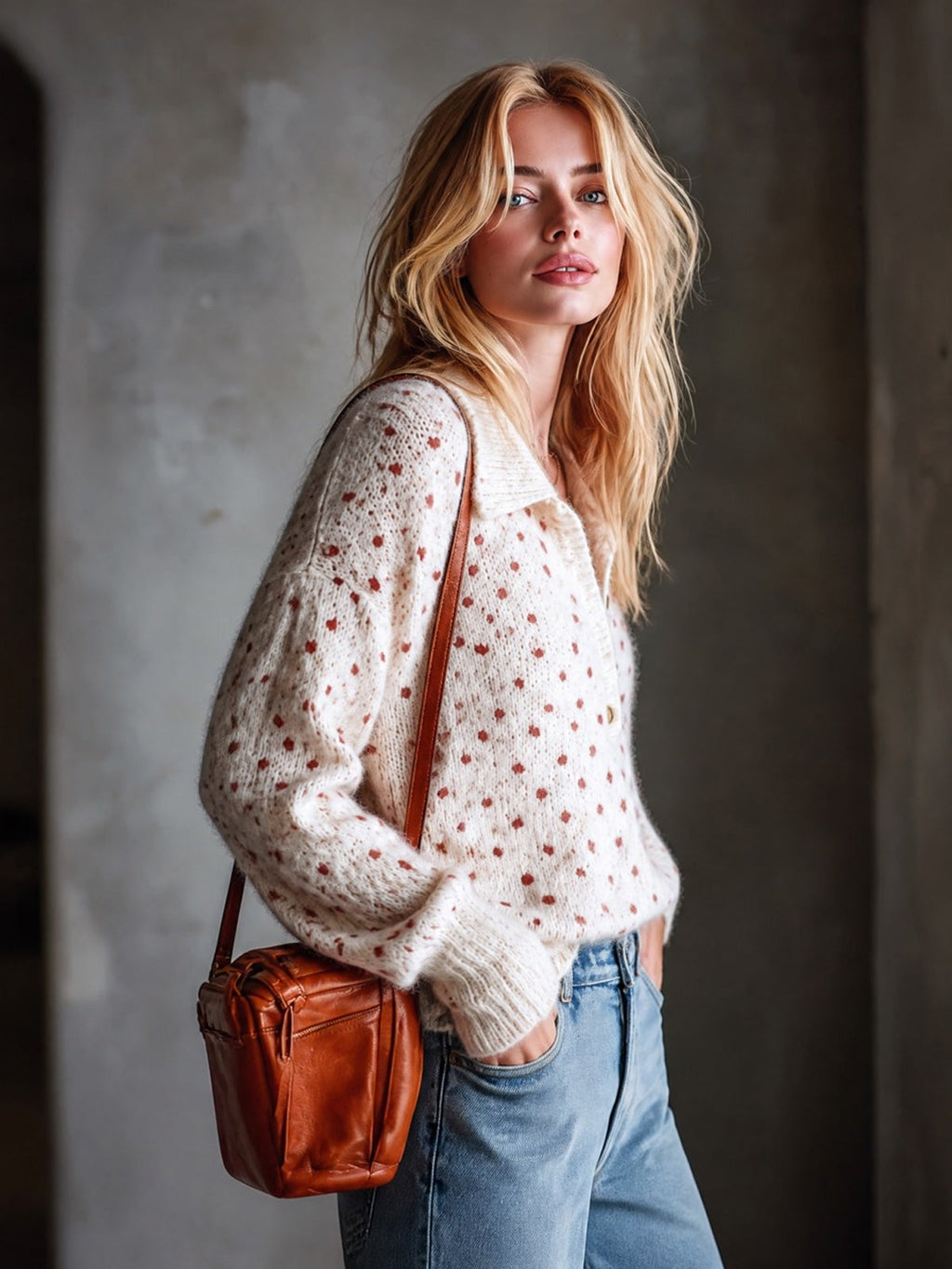 Chic Elegant Beige-Red Polka Dots Jacquard Lapel V-Neck Button-Front Long-Sleeve Loose-Fit Soft Mohair Blend Knit Sweater