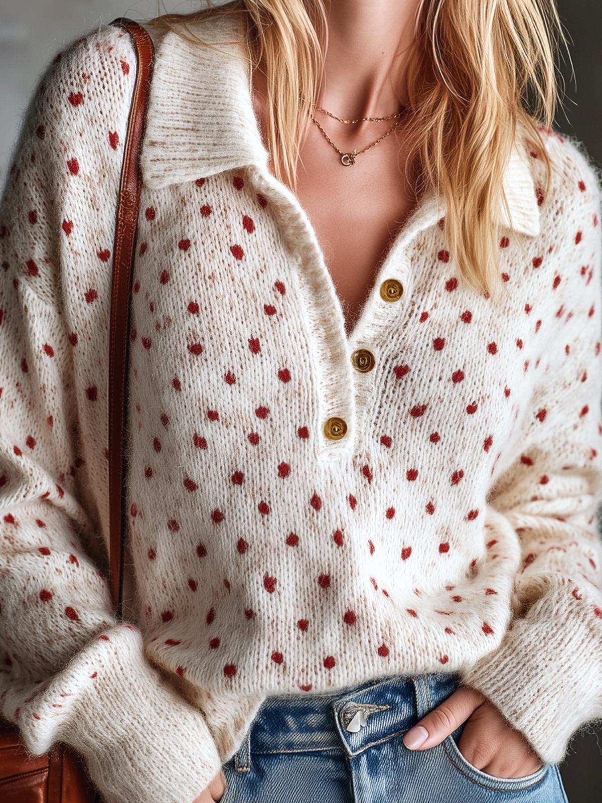 Chic Elegant Beige-Red Polka Dots Jacquard Lapel V-Neck Button-Front Long-Sleeve Loose-Fit Soft Mohair Blend Knit Sweater
