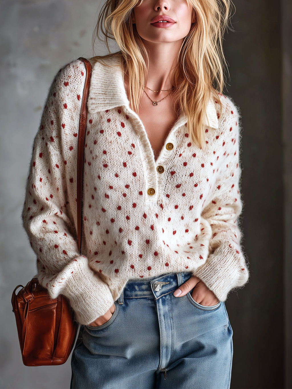 Chic Elegant Beige-Red Polka Dots Jacquard Lapel V-Neck Button-Front Long-Sleeve Loose-Fit Soft Mohair Blend Knit Sweater