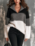 Chic Elegant Gray-Black-White Colorblock Zipper-Up Stand Collar Long-Sleeve Loose-Fit Warm Wool Blend Knit Sweater