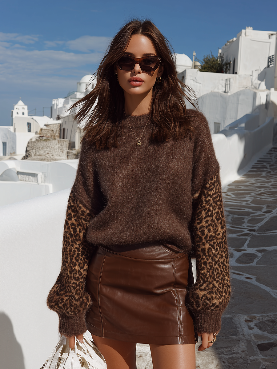 Espresso Fuzzy Knit Leopard Sleeve Relaxed Luxury Resort Sweater