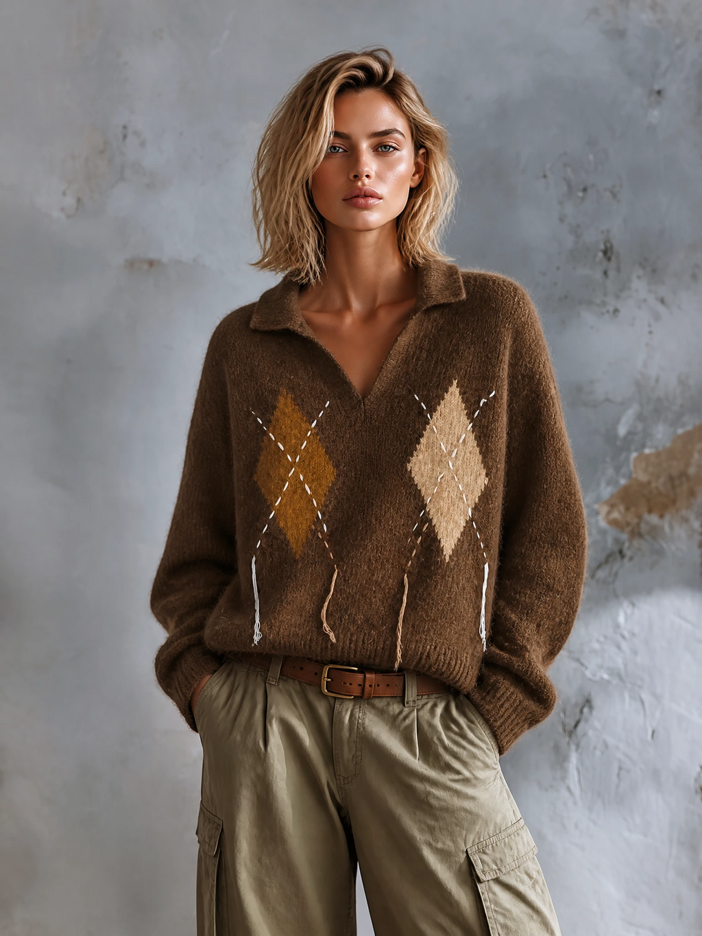 Chic Elegant Brown Argyle Jacquard Lapel V-Neck Stitched Tassel Detail Long-Sleeve Loose-Fit Fuzzy Wool‑Blend Knit Sweater