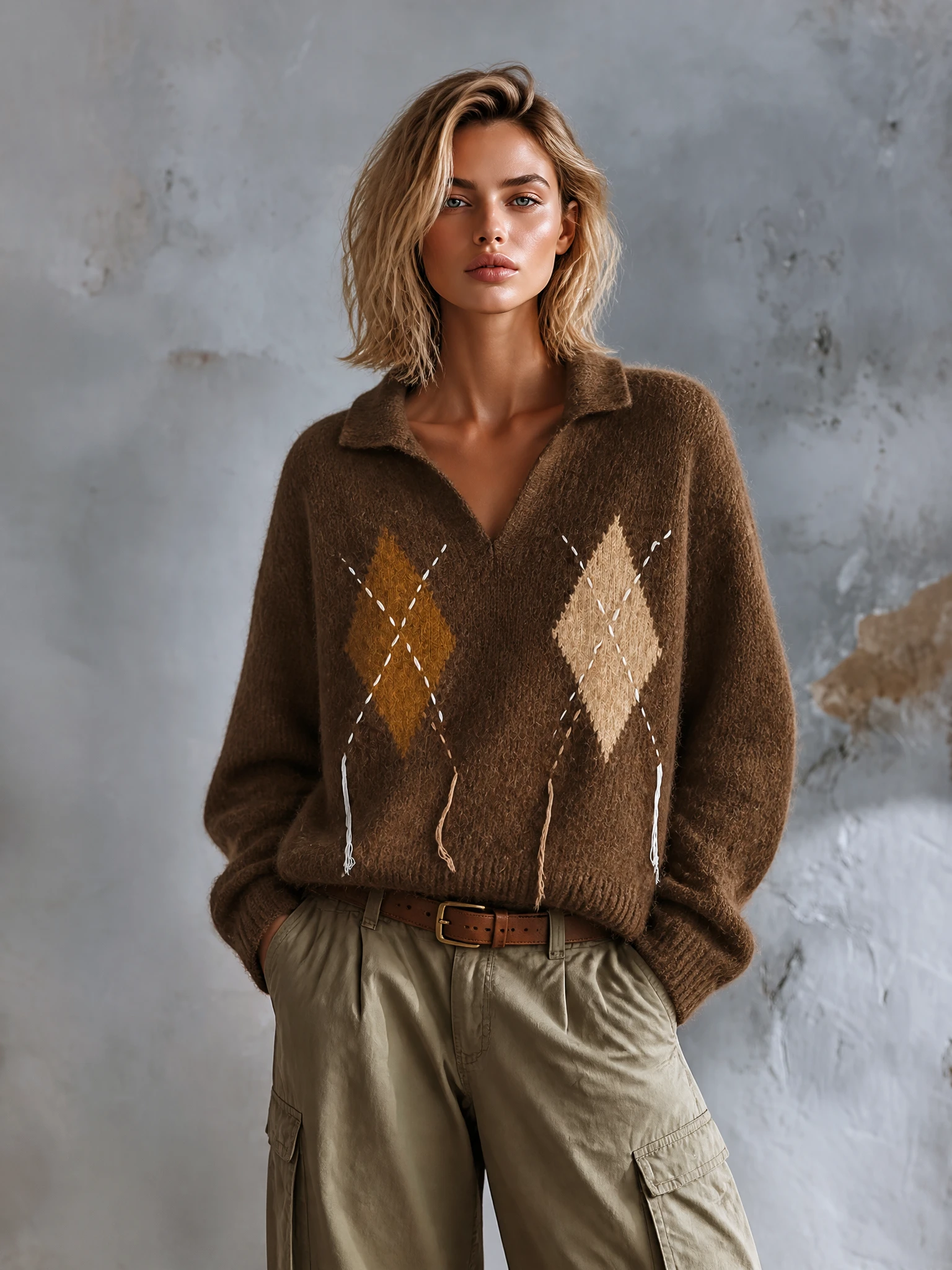 Chic Elegant Brown Argyle Jacquard Lapel V-Neck Stitched Tassel Detail Long-Sleeve Loose-Fit Fuzzy Wool‑Blend Knit Sweater