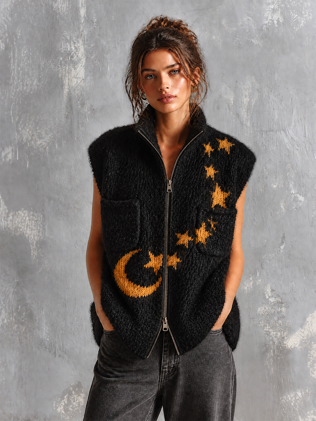 Chic Casual Black Stand Collar Zip‑Up Mustard‑Gold Moon-Star Jacquard Sleeveless Patch Pockets Loose-Fit Knit Vest Top