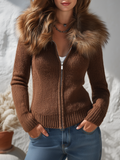 Stylish Casual Faux Fur Collar Knit Cardigan