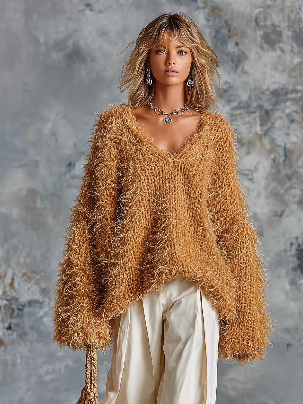 Chic Casual Camel V‑Neck Dropped-Shoulder Long-Sleeve Loose-Fit Shaggy Fuzzy Knit Sweater
