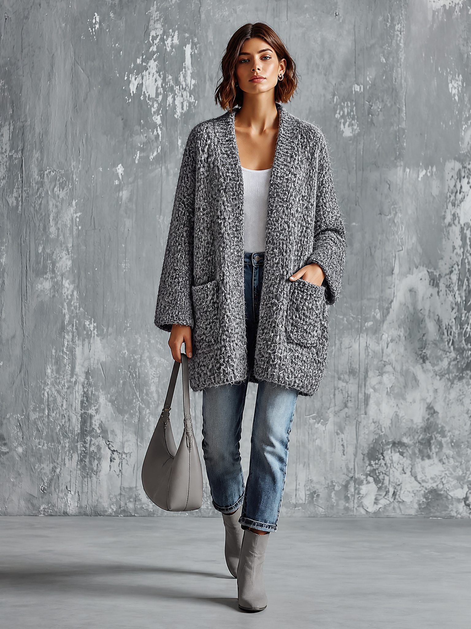 Chic Casual Heather Gray V‑Neck Open‑Front Long Sleeve Patch Pockets Loose-Fit Chunky Knit Cardigan