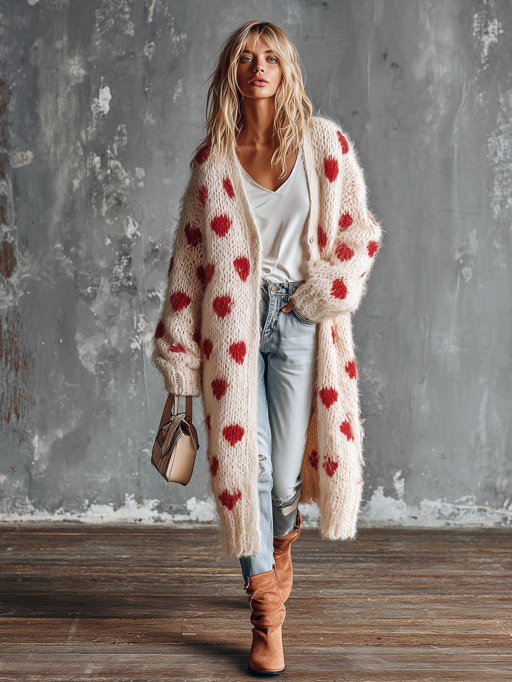 Chic Casual Off‑White V‑Neck Red Heart Jacquard Single-Breasted Long Sleeve Loose-Fit Fuzzy Wool‑Blend Knit Long Cardigan