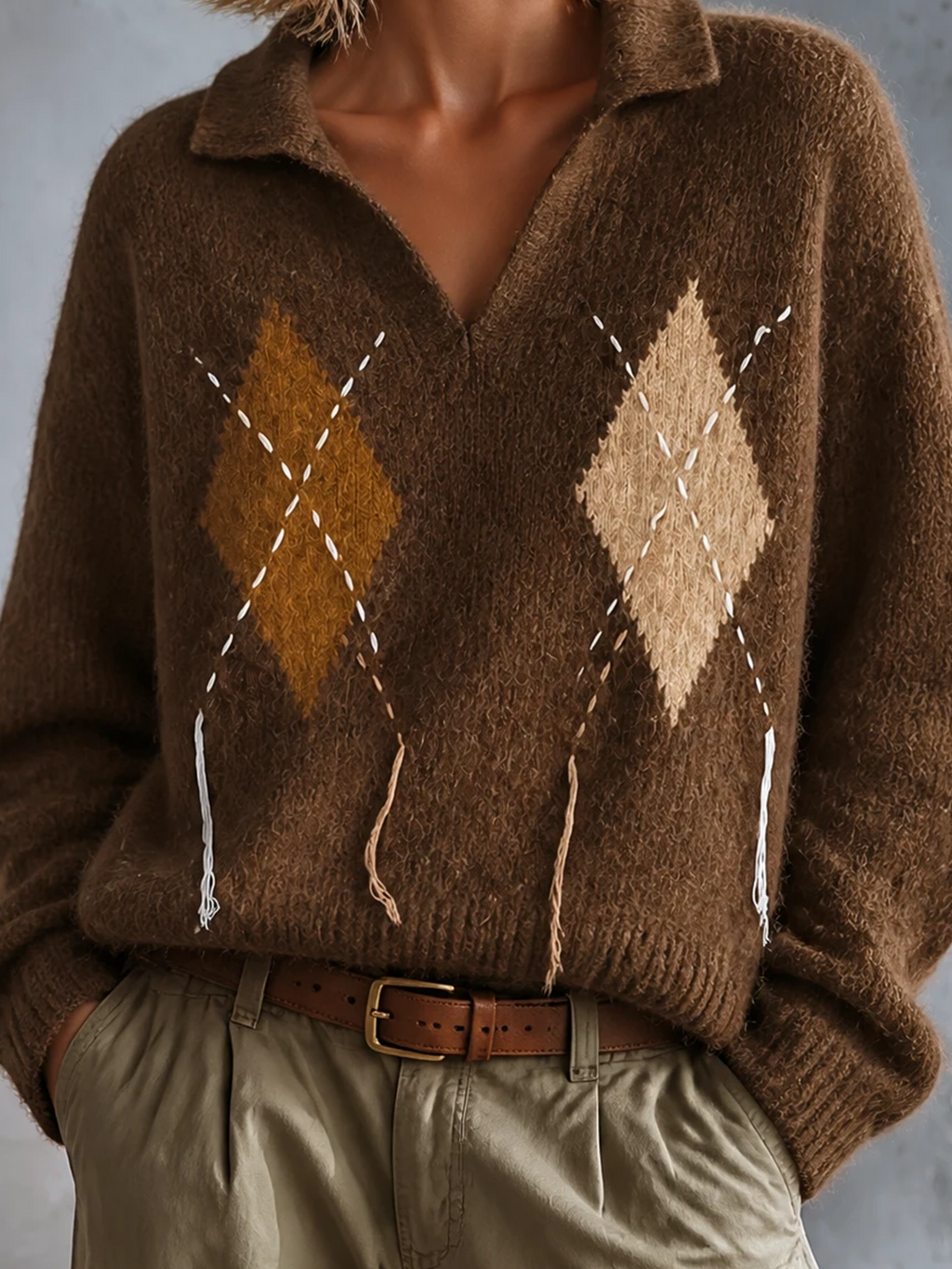 Chic Elegant Brown Argyle Jacquard Lapel V-Neck Stitched Tassel Detail Long-Sleeve Loose-Fit Fuzzy Wool‑Blend Knit Sweater