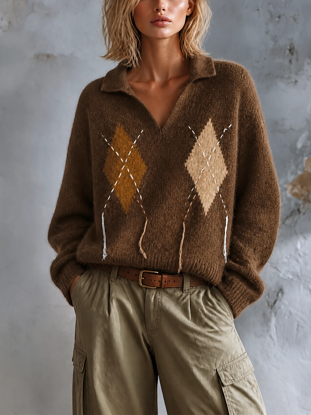 Chic Elegant Brown Argyle Jacquard Lapel V-Neck Stitched Tassel Detail Long-Sleeve Loose-Fit Fuzzy Wool‑Blend Knit Sweater