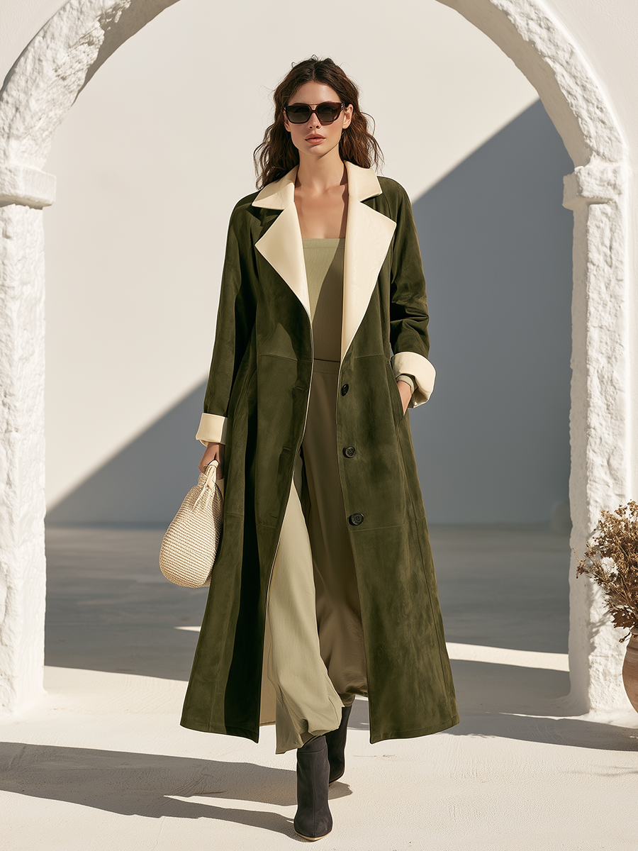 Vintage Old Money Color-Block Lapel Green Faux Suede Coat