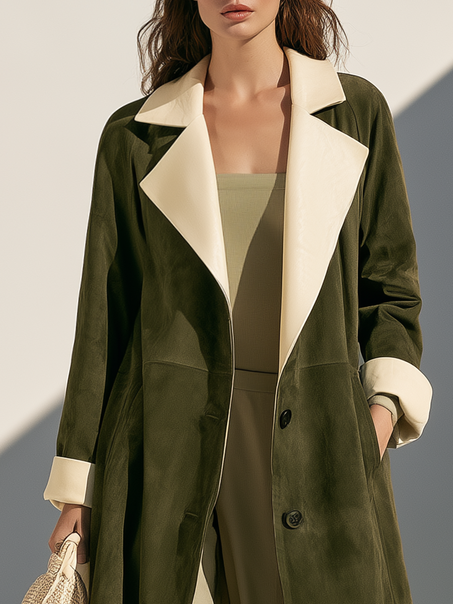 Vintage Old Money Color-Block Lapel Green Faux Suede Coat