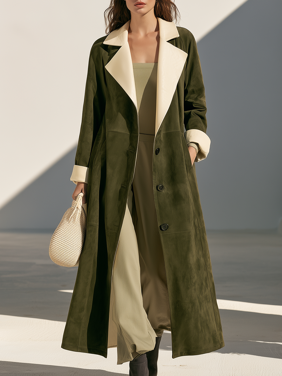 Vintage Old Money Color-Block Lapel Green Faux Suede Coat