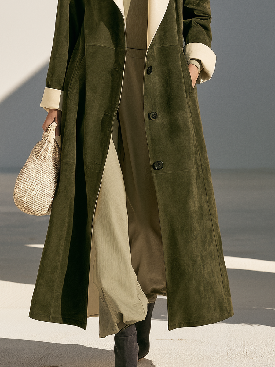 Vintage Old Money Color-Block Lapel Green Faux Suede Coat