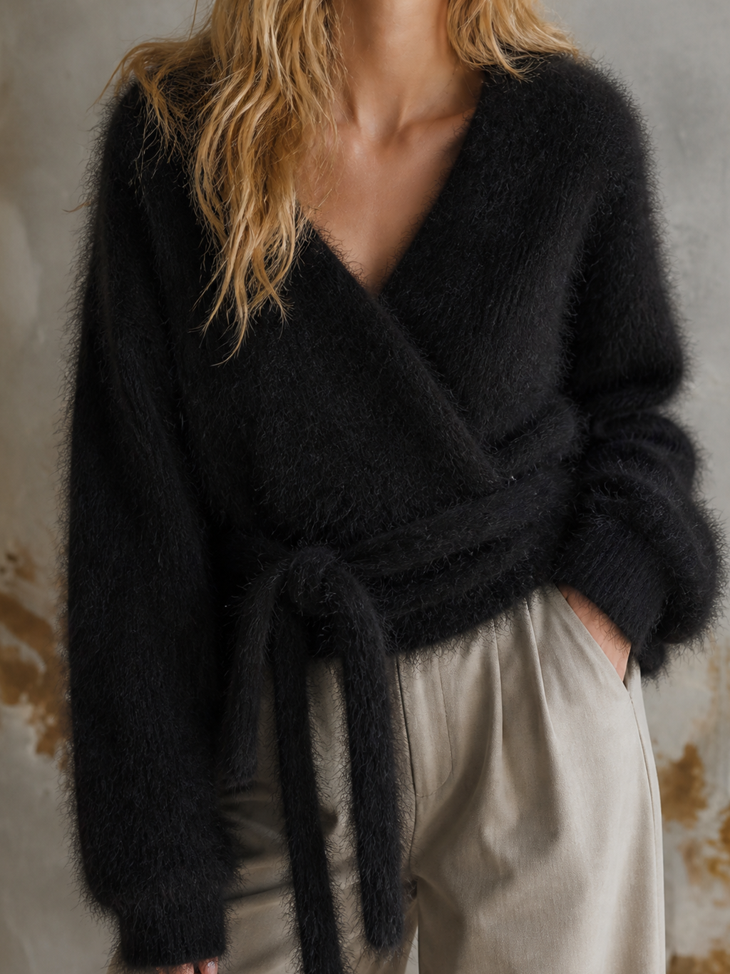 Chic Elegant Black Wrap V‑Neck Long-Sleeve Tie‑Waist Loose-Fit Fuzzy Mohair Blend Knit Sweater