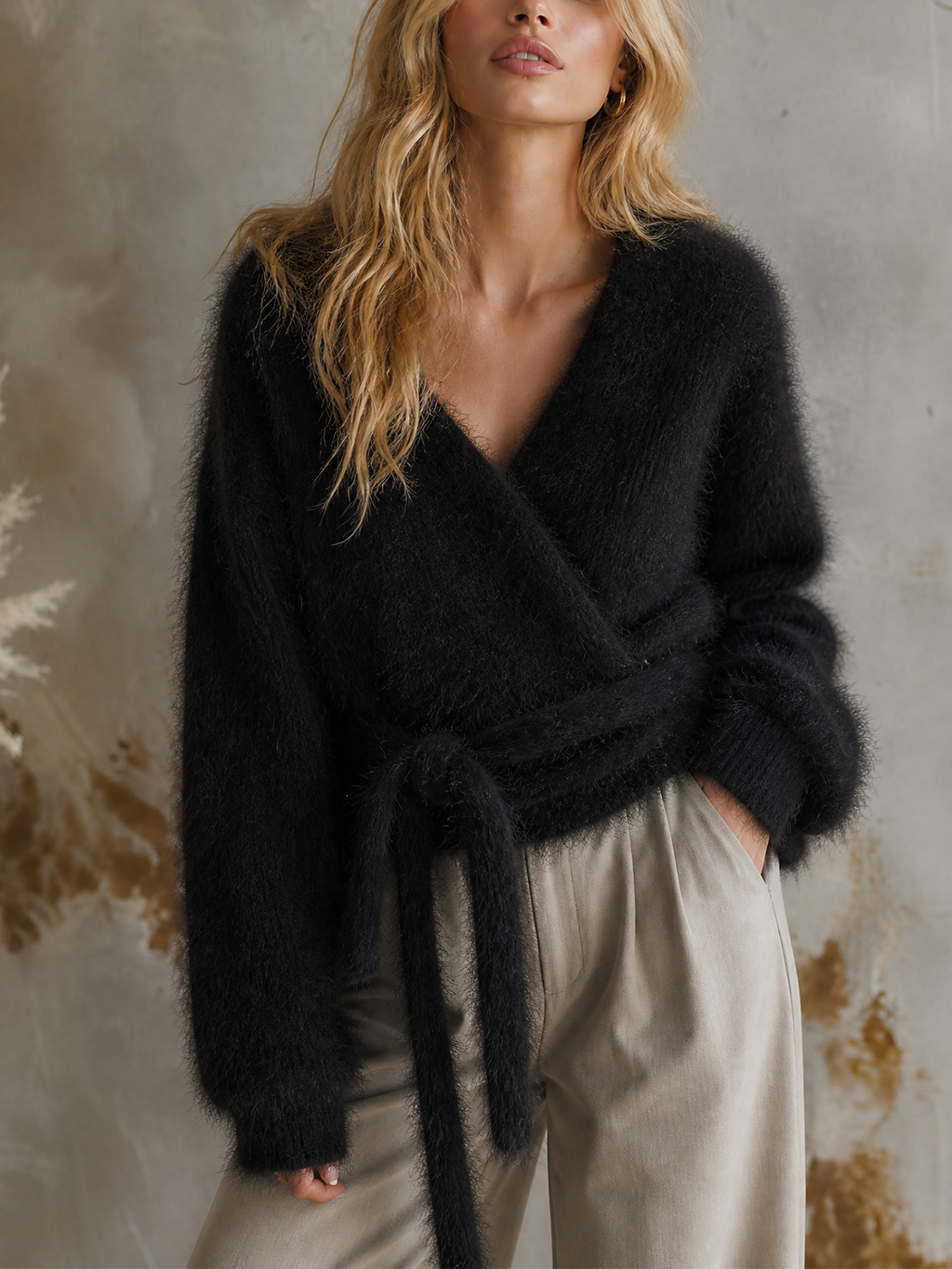 Chic Elegant Black Wrap V‑Neck Long-Sleeve Tie‑Waist Loose-Fit Fuzzy Mohair Blend Knit Sweater