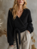 Chic Elegant Black Wrap V‑Neck Long-Sleeve Tie‑Waist Loose-Fit Fuzzy Mohair Blend Knit Sweater