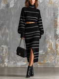 Chic Elegant Black-Silver‑Gray Stripes Turtleneck Long Sleeve Loose-Fit Cropped Sweater Front‑Slit Midi Skirt Knit Two-Piece Set