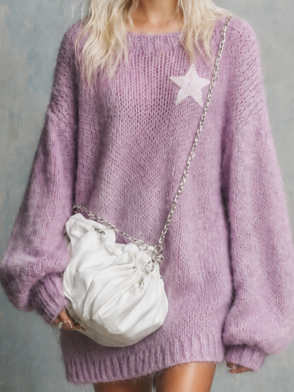 Chic Casual Lavender Purple Round-Neck Star Applique Dropped-Shoulder Long-Sleeve Loose-Fit Fuzzy Knit Mini Dress