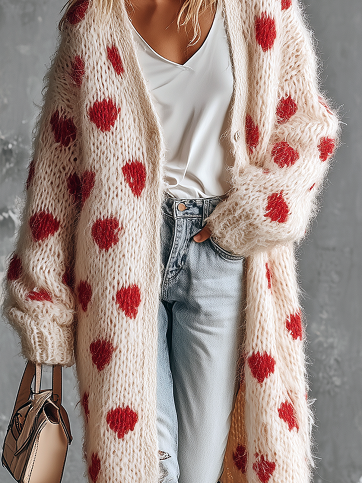 Chic Casual Off‑White V‑Neck Red Heart Jacquard Single-Breasted Long Sleeve Loose-Fit Fuzzy Wool‑Blend Knit Long Cardigan