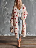 Chic Casual Off‑White V‑Neck Red Heart Jacquard Single-Breasted Long Sleeve Loose-Fit Fuzzy Wool‑Blend Knit Long Cardigan