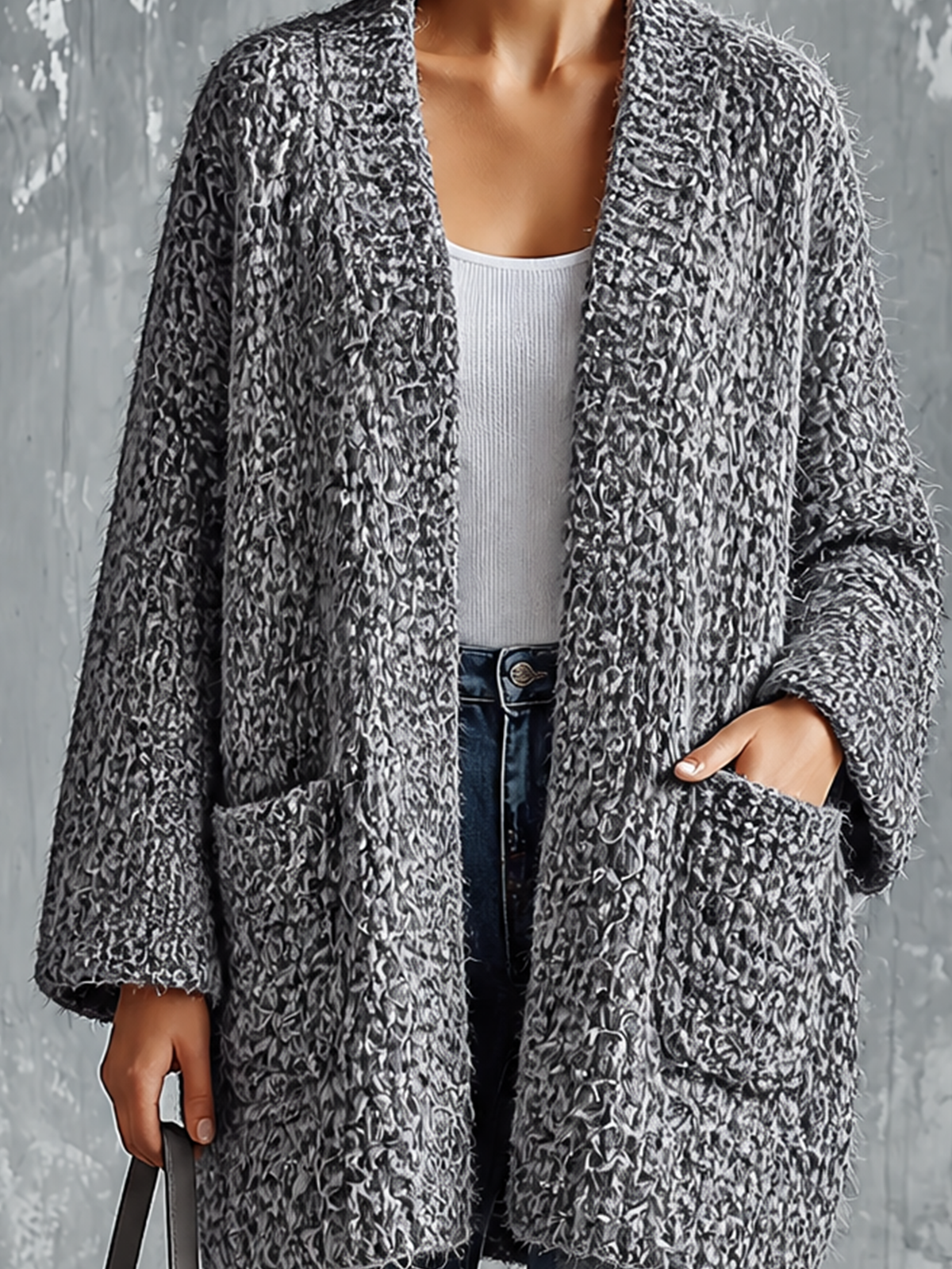 Chic Casual Heather Gray V‑Neck Open‑Front Long Sleeve Patch Pockets Loose-Fit Chunky Knit Cardigan