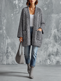 Chic Casual Heather Gray V‑Neck Open‑Front Long Sleeve Patch Pockets Loose-Fit Chunky Knit Cardigan