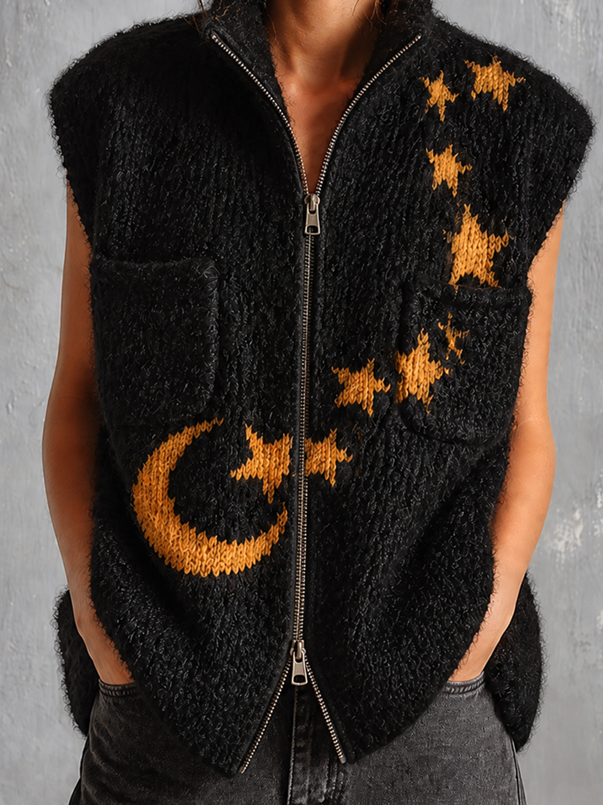 Chic Casual Black Stand Collar Zip‑Up Mustard‑Gold Moon-Star Jacquard Sleeveless Patch Pockets Loose-Fit Knit Vest Top