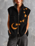 Chic Casual Black Stand Collar Zip‑Up Mustard‑Gold Moon-Star Jacquard Sleeveless Patch Pockets Loose-Fit Knit Vest Top