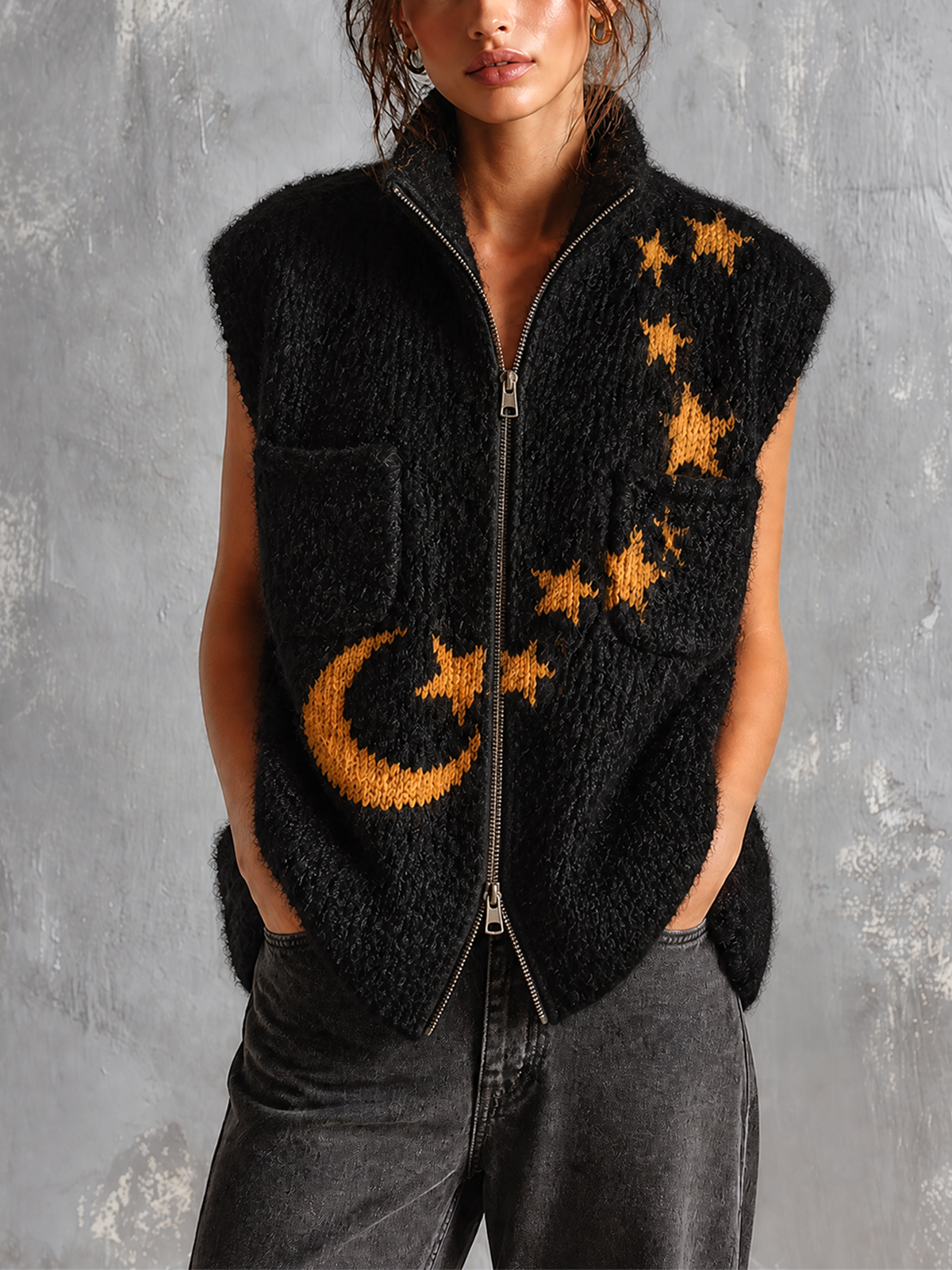 Chic Casual Black Stand Collar Zip‑Up Mustard‑Gold Moon-Star Jacquard Sleeveless Patch Pockets Loose-Fit Knit Vest Top