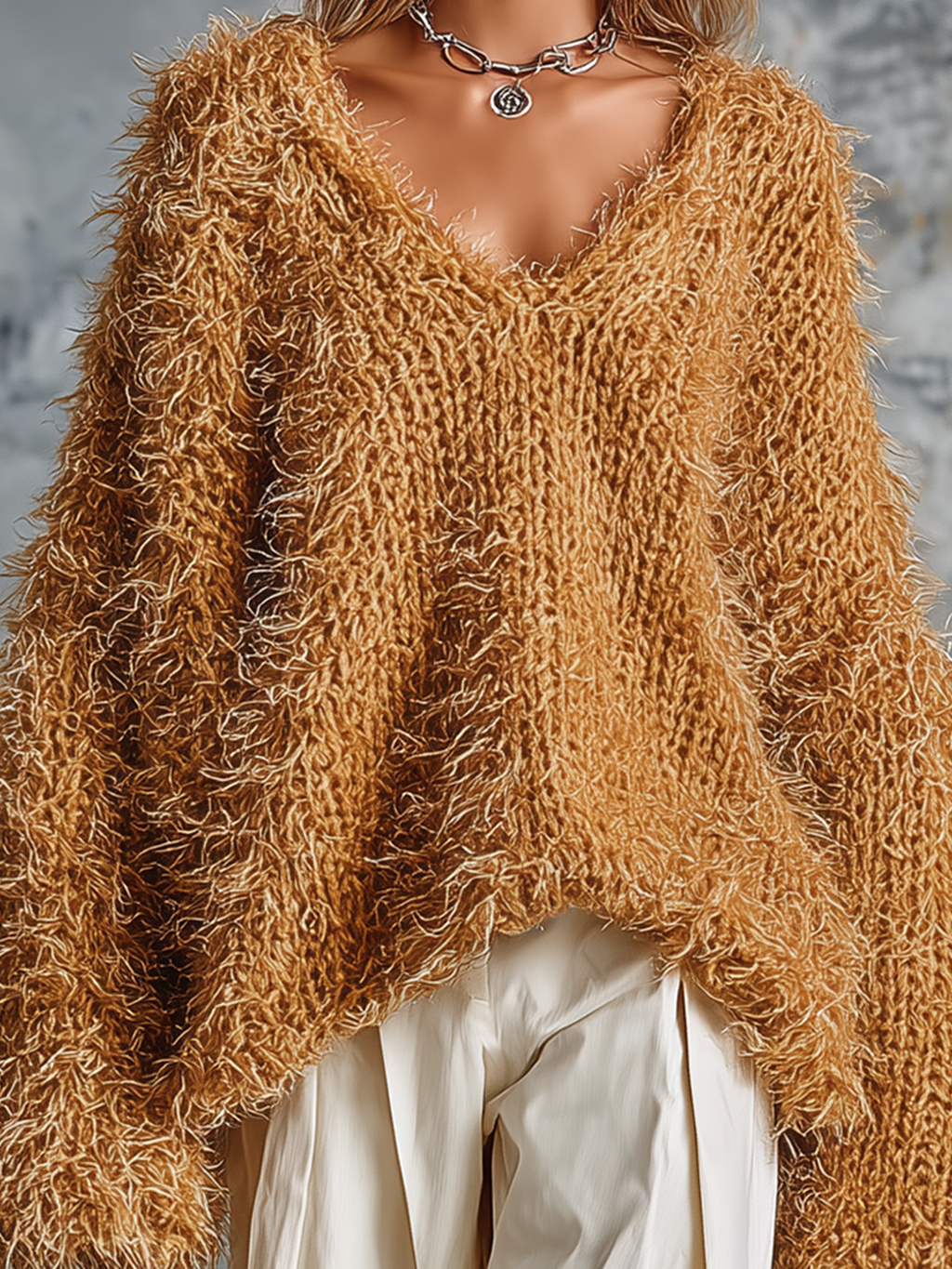 Chic Casual Camel V‑Neck Dropped-Shoulder Long-Sleeve Loose-Fit Shaggy Fuzzy Knit Sweater