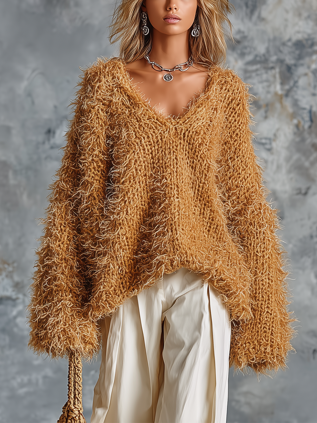 Chic Casual Camel V‑Neck Dropped-Shoulder Long-Sleeve Loose-Fit Shaggy Fuzzy Knit Sweater