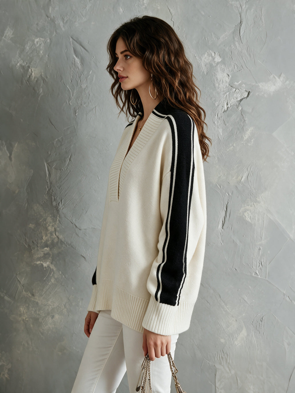 Chic Elegant Cream White-Black Colorblock V-Neck Long-Sleeve Loose-Fit Ribbed Detail Wool Blend Knit Sweater