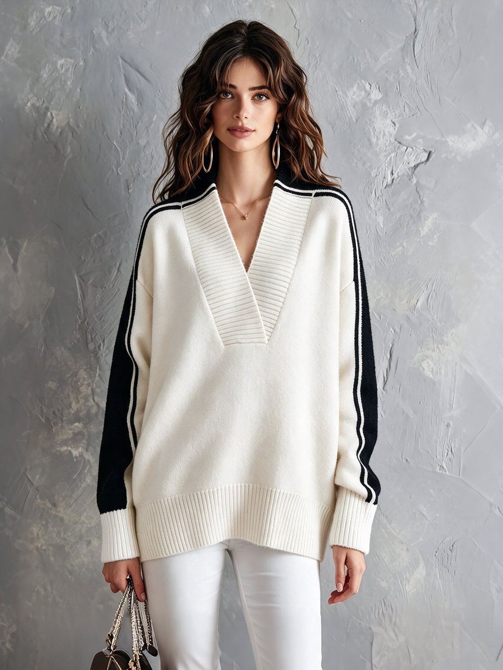 Chic Elegant Cream White-Black Colorblock V-Neck Long-Sleeve Loose-Fit Ribbed Detail Wool Blend Knit Sweater