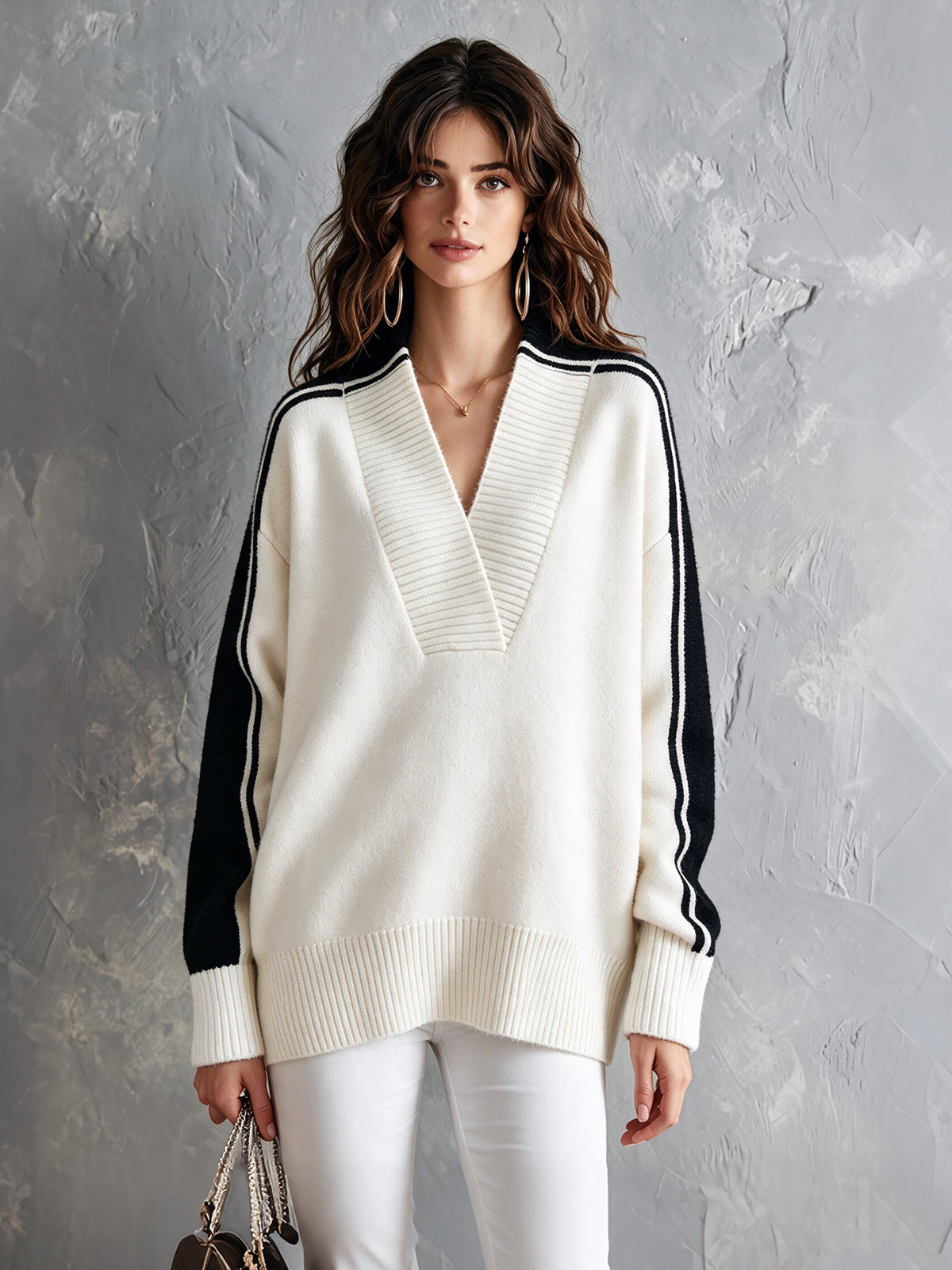 Chic Elegant Cream White-Black Colorblock V-Neck Long-Sleeve Loose-Fit Ribbed Detail Wool Blend Knit Sweater