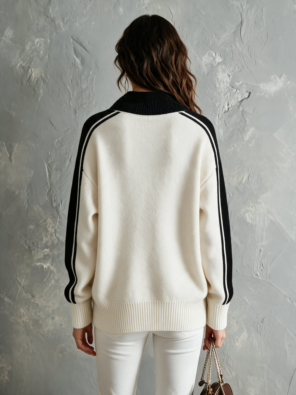 Chic Elegant Cream White-Black Colorblock V-Neck Long-Sleeve Loose-Fit Ribbed Detail Wool Blend Knit Sweater
