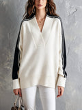 Chic Elegant Cream White-Black Colorblock V-Neck Long-Sleeve Loose-Fit Ribbed Detail Wool Blend Knit Sweater