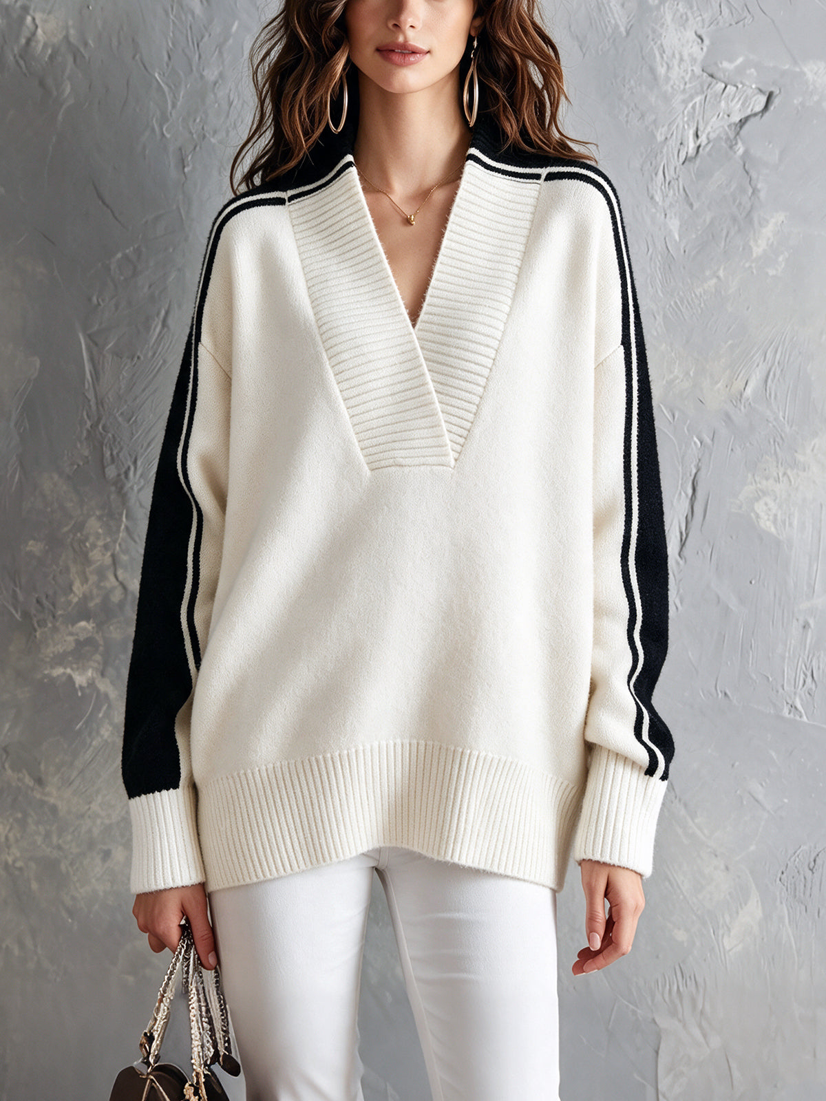 Chic Elegant Cream White-Black Colorblock V-Neck Long-Sleeve Loose-Fit Ribbed Detail Wool Blend Knit Sweater